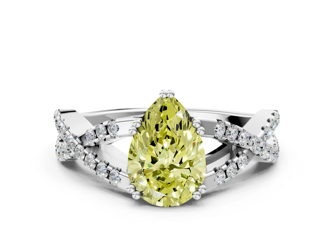 White gold Fancy Yellow Pear Cut Diamond Solitaire Ring with Four-Prong Setting and Twisted Pavé Band_30