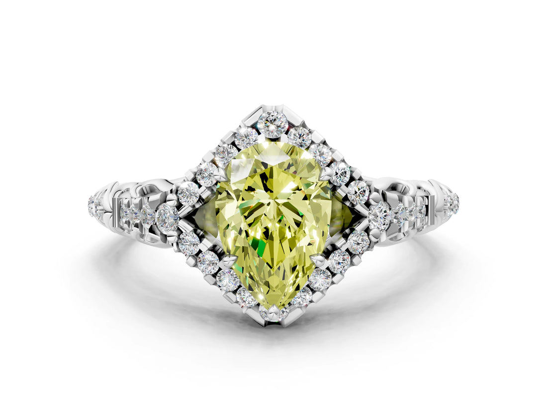 White gold Fancy Yellow Pear Cut Diamond Solitaire Ring with Hidden Halo and Pavé Band_39