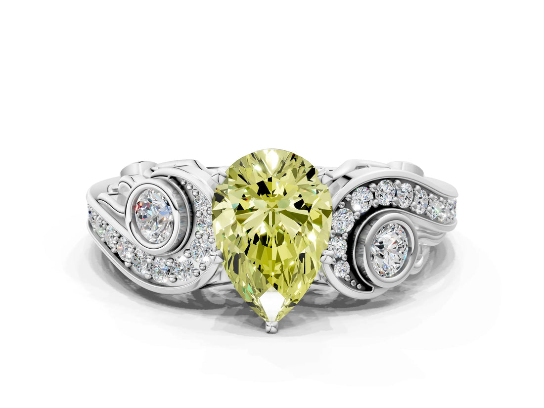 White gold Fancy Yellow Pear Cut Diamond Solitaire Ring with Milgrain Pavé Band and Four-Prong Setting_252