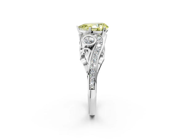 Platinum Fancy Yellow Pear Cut Diamond Solitaire Ring with Milgrain Pavé Band and Four-Prong Setting