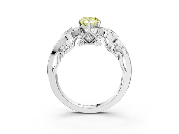 Platinum Fancy Yellow Pear Cut Diamond Solitaire Ring with Milgrain Pavé Band and Four-Prong Setting