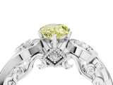 White gold Fancy Yellow Pear Cut Diamond Solitaire Ring with Milgrain Pavé Band and Four-Prong Setting_255