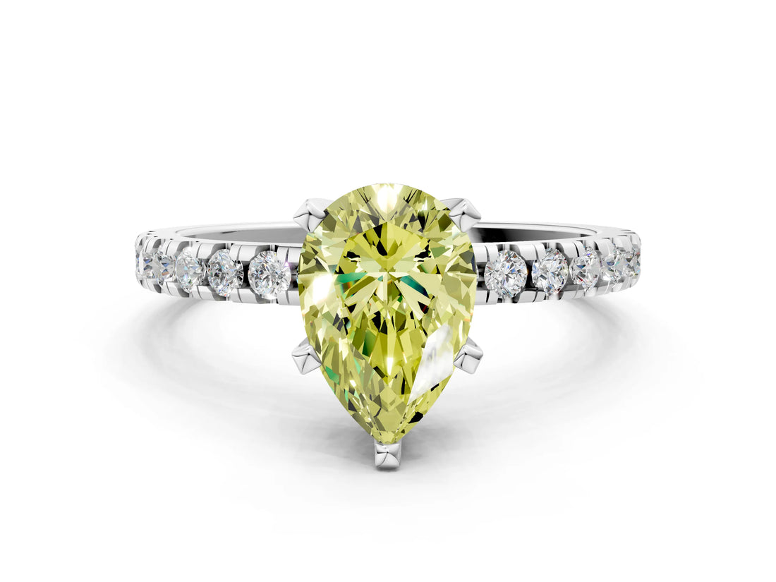 White gold Fancy Yellow Pear Cut Diamond Solitaire Ring with Pavé Band and Four-Prong Setting_52