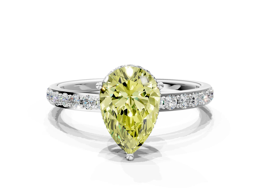 White gold Fancy Yellow Pear Cut Diamond Solitaire Ring with Pavé Band and Hidden Halo_37