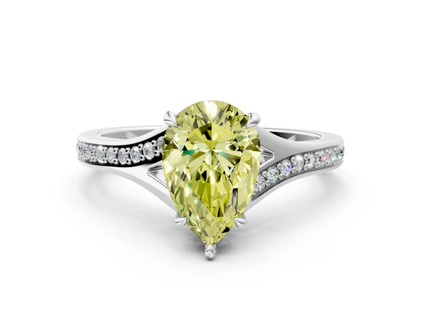 White gold Fancy Yellow Pear Cut Diamond Solitaire Ring with Pavé Band and Prong Setting