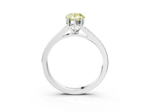 White gold Fancy Yellow Pear Cut Diamond Solitaire Ring with Pavé Band and Prong Setting