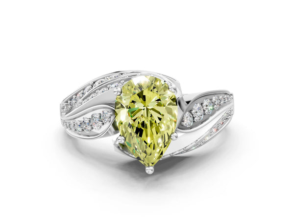 White gold Fancy Yellow Pear Cut Diamond Solitaire Ring with Prong Setting and Twisted Pavé Band