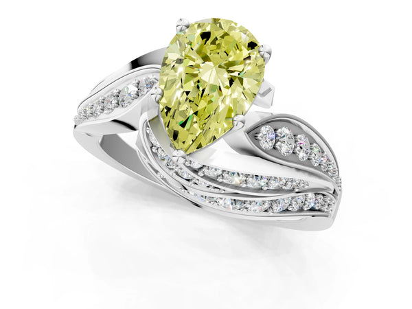 White gold Fancy Yellow Pear Cut Diamond Solitaire Ring with Prong Setting and Twisted Pavé Band