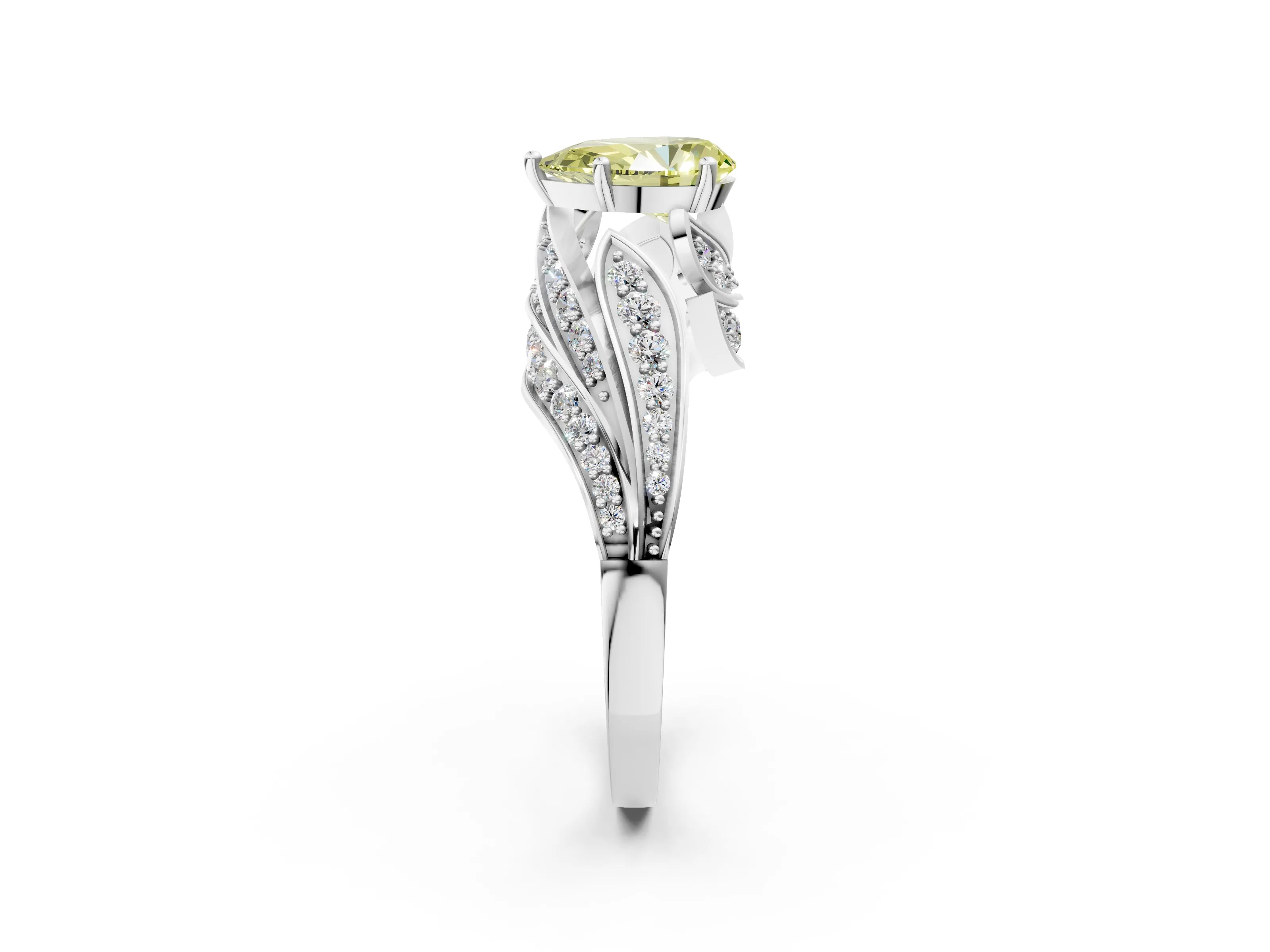 White gold Fancy Yellow Pear Cut Diamond Solitaire Ring with Prong Setting and Twisted Pavé Band_26