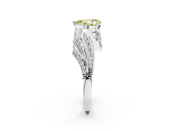 White gold Fancy Yellow Pear Cut Diamond Solitaire Ring with Prong Setting and Twisted Pavé Band