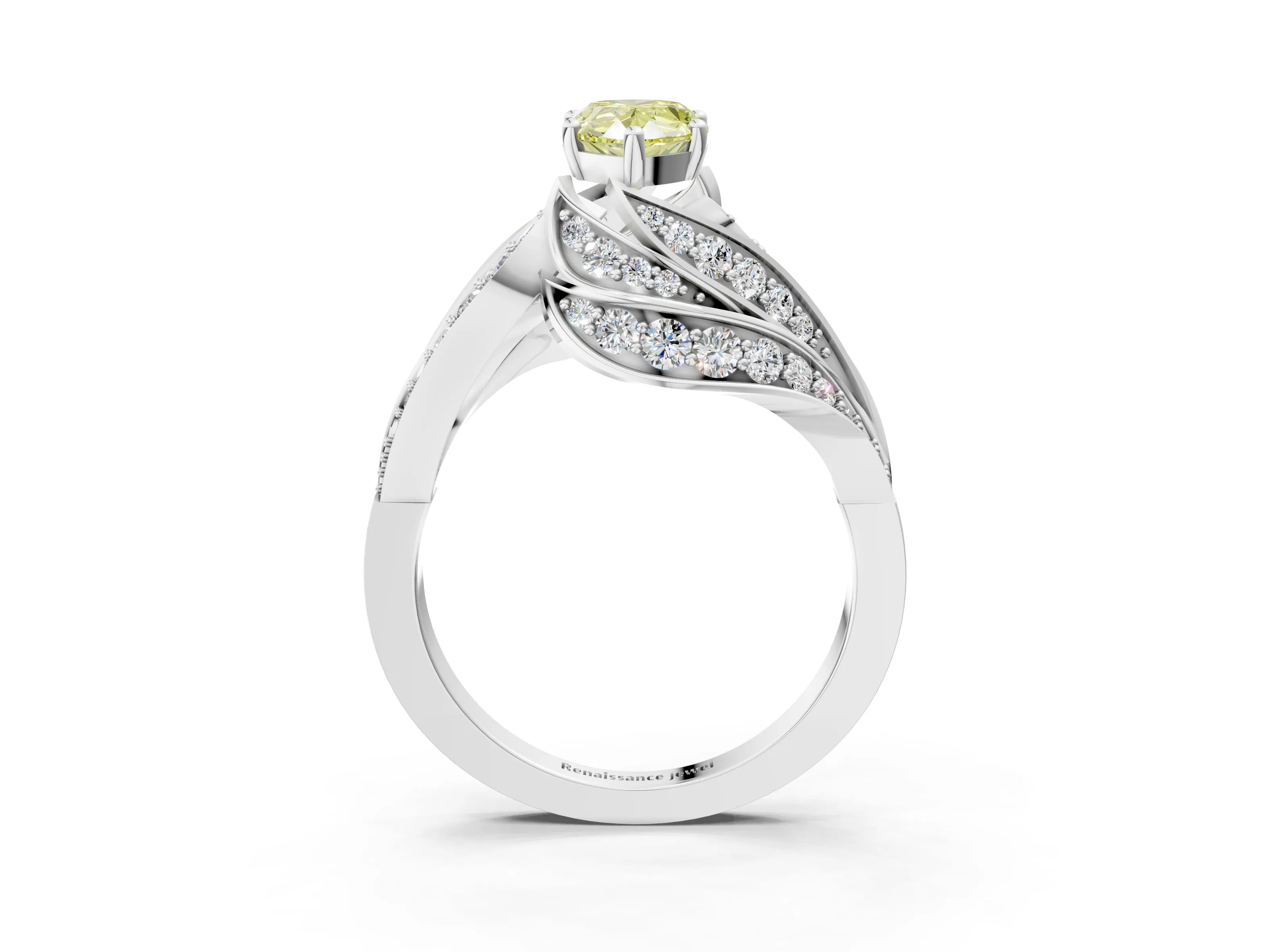 White gold Fancy Yellow Pear Cut Diamond Solitaire Ring with Prong Setting and Twisted Pavé Band_27