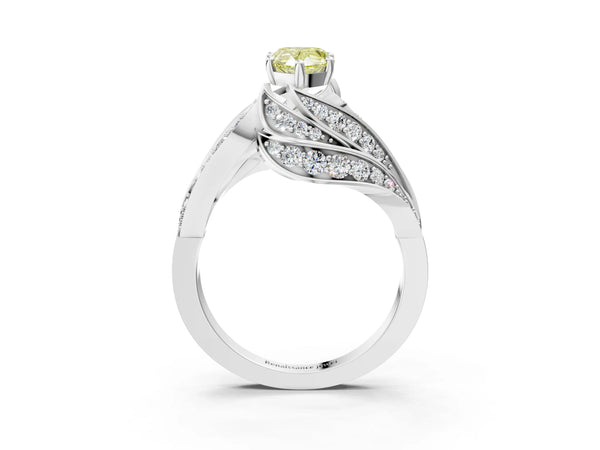 White gold Fancy Yellow Pear Cut Diamond Solitaire Ring with Prong Setting and Twisted Pavé Band