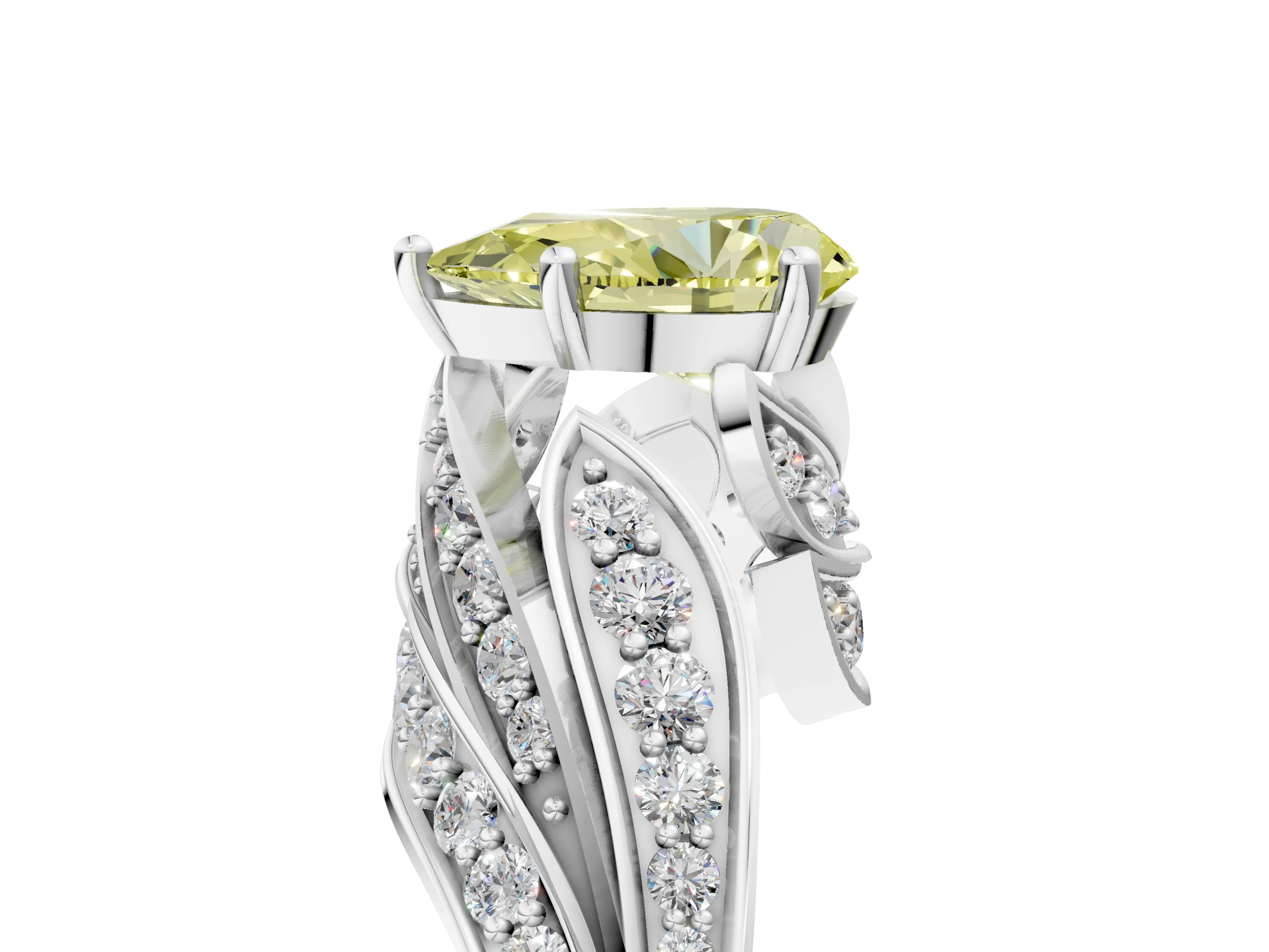 White gold Fancy Yellow Pear Cut Diamond Solitaire Ring with Prong Setting and Twisted Pavé Band_29