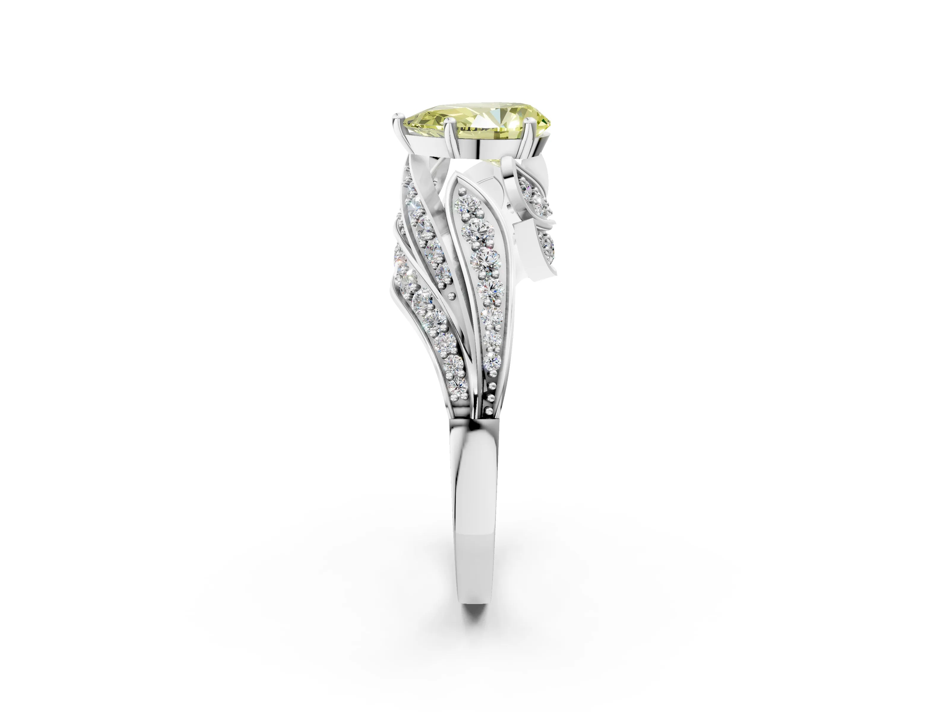 White gold Fancy Yellow Pear Cut Diamond Solitaire Ring with Prong Setting and Twisted Pavé Band_2