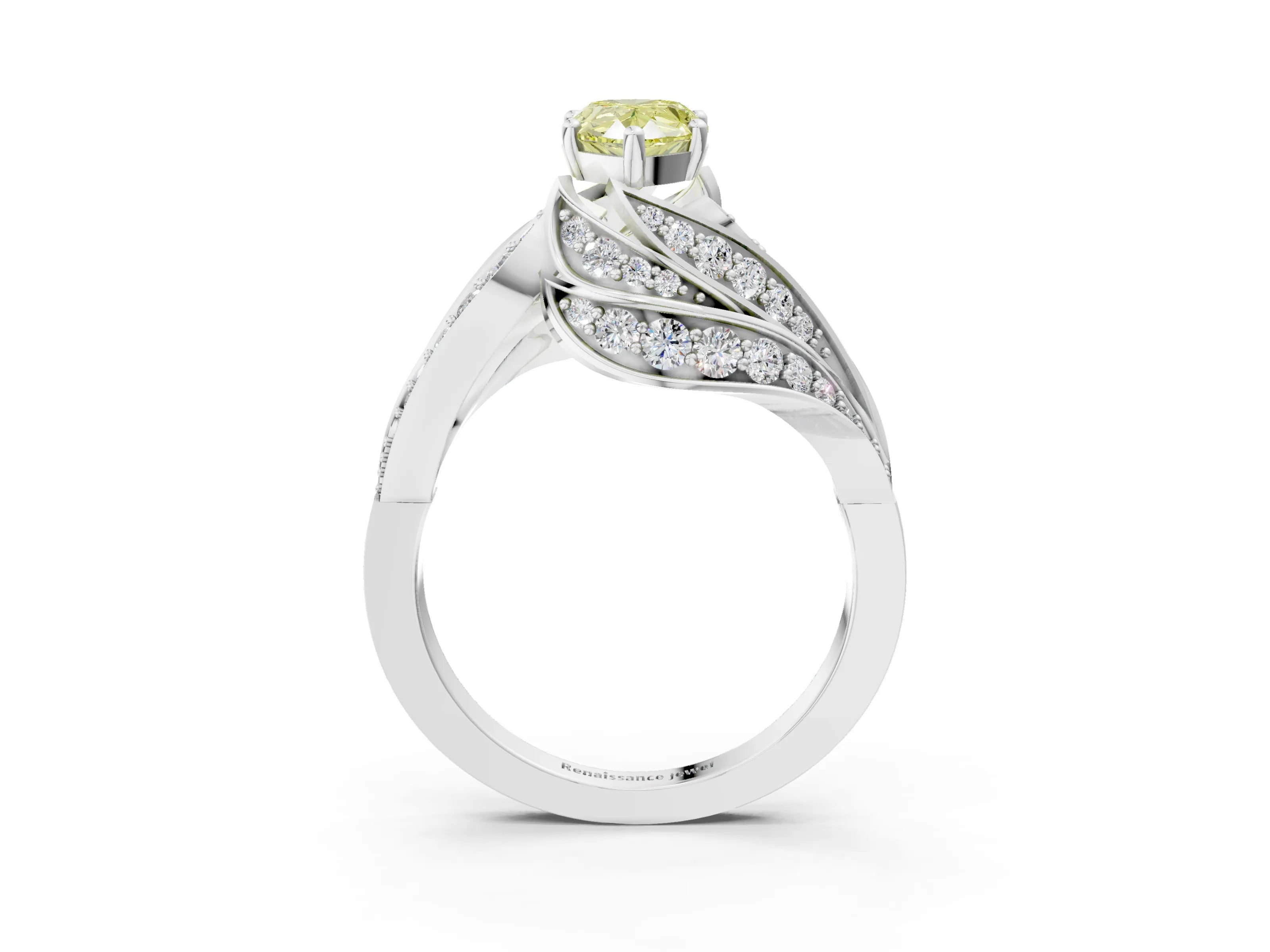 White gold Fancy Yellow Pear Cut Diamond Solitaire Ring with Prong Setting and Twisted Pavé Band_3