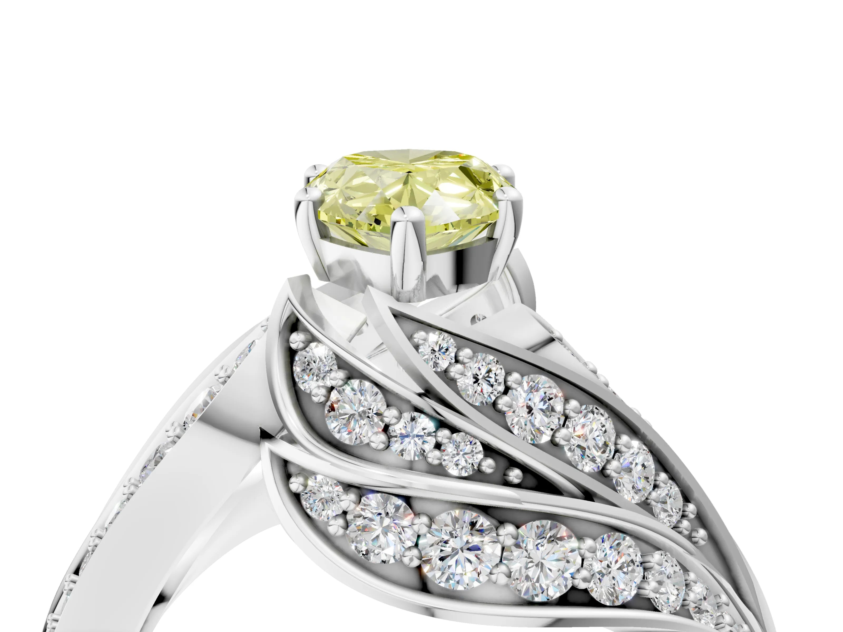 White gold Fancy Yellow Pear Cut Diamond Solitaire Ring with Prong Setting and Twisted Pavé Band_4