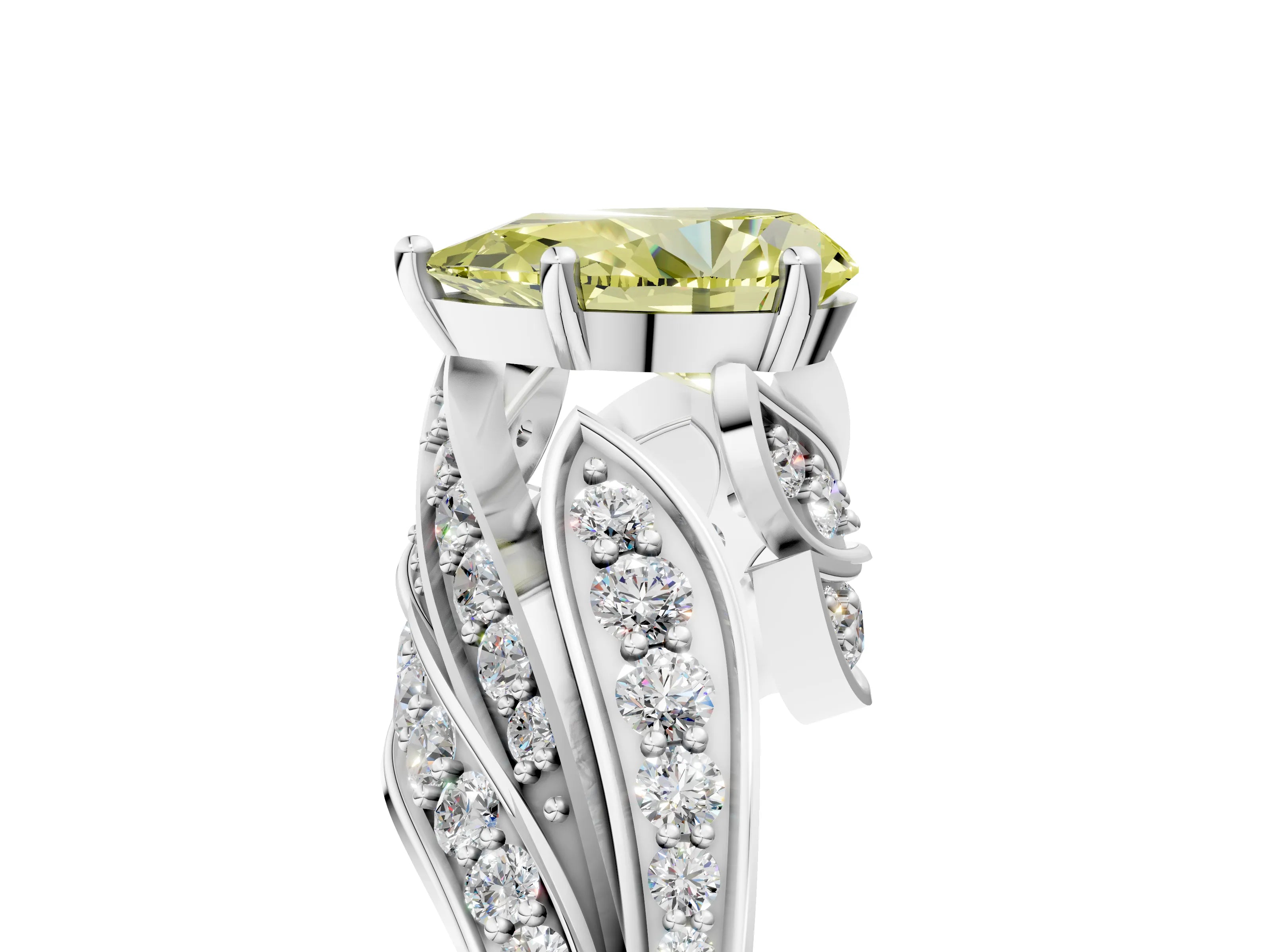 White gold Fancy Yellow Pear Cut Diamond Solitaire Ring with Prong Setting and Twisted Pavé Band_5