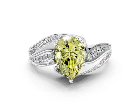 White gold Fancy Yellow Pear Cut Diamond Solitaire Ring with Prong Setting and Twisted Pavé Band