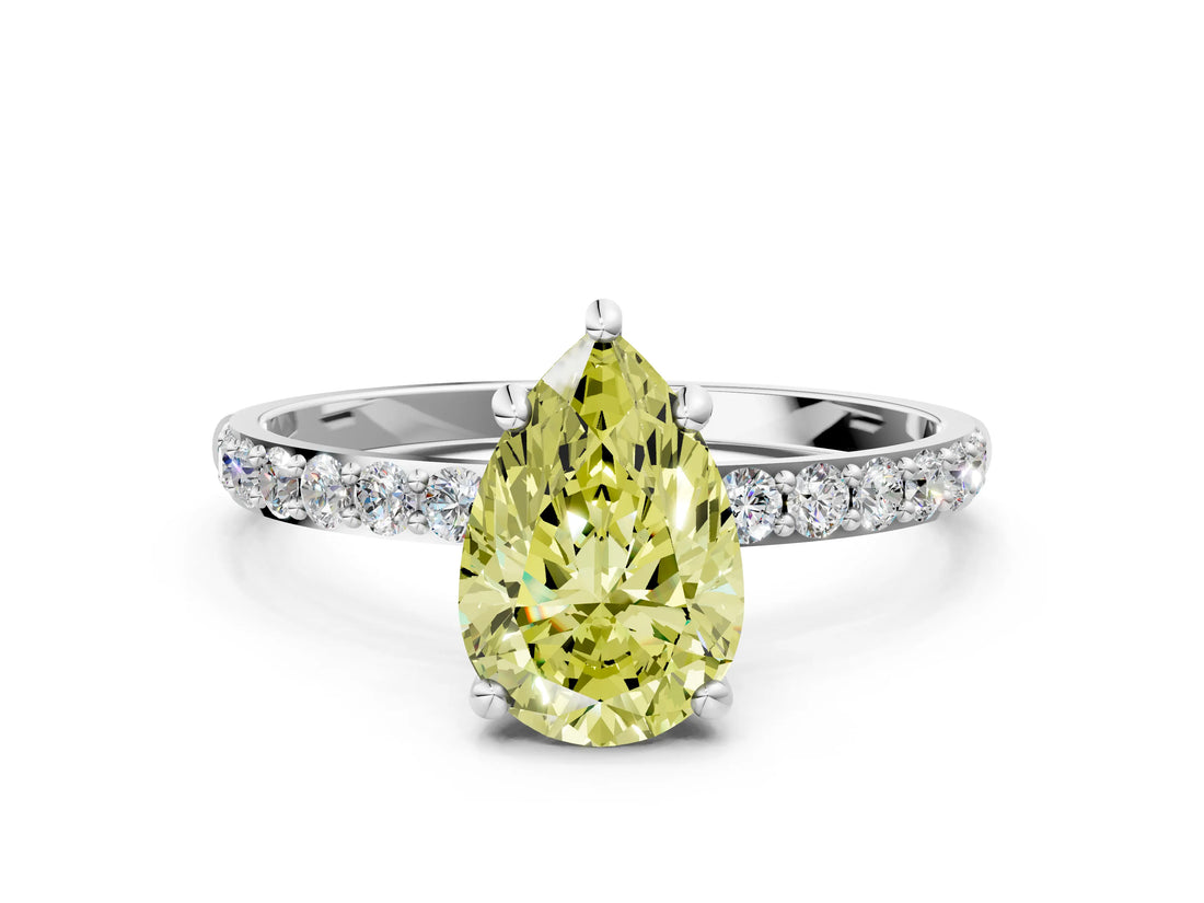 White gold Fancy Yellow Pear Cut Diamond Solitaire Ring with Round  Pavé Band and Prong Setting_133