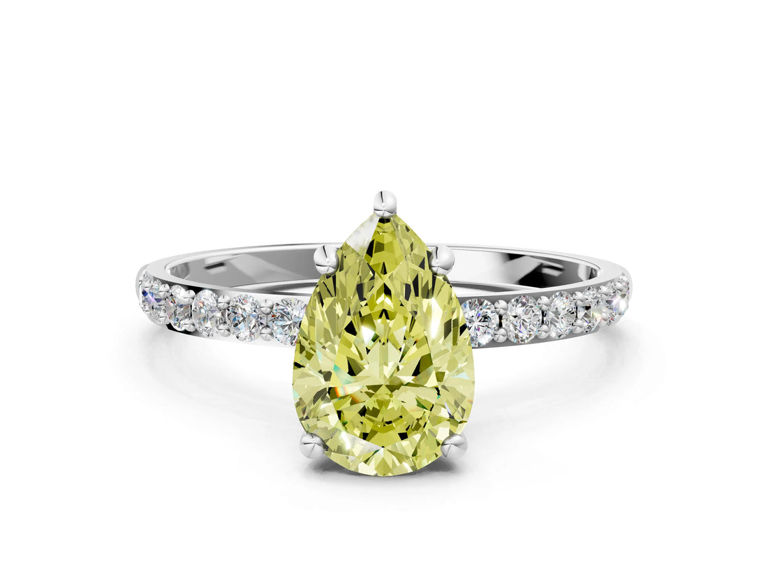 White gold Fancy Yellow Pear Cut Diamond Solitaire Ring with Round  Pavé Band and Prong Setting_135