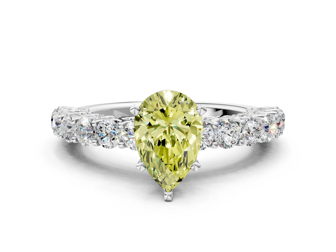 White gold Fancy Yellow Pear Cut Diamond Solitaire Ring with Shared Prong Pavé Band and Four-Prong Setting_73