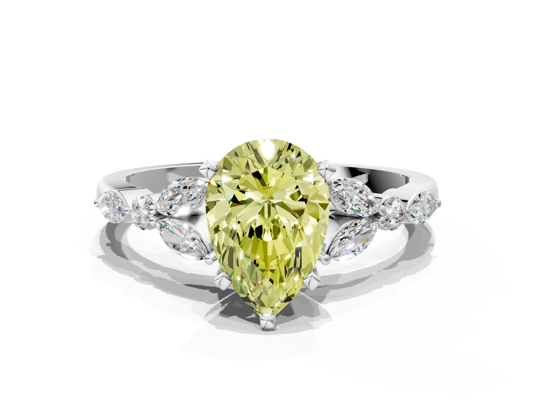 White gold Fancy Yellow Pear Cut Diamond Solitaire Ring with Side Stones and Four-Prong Setting_73