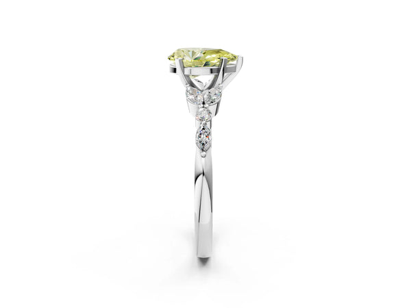 White gold Fancy Yellow Pear Cut Diamond Solitaire Ring with Side Stones and Four-Prong Setting
