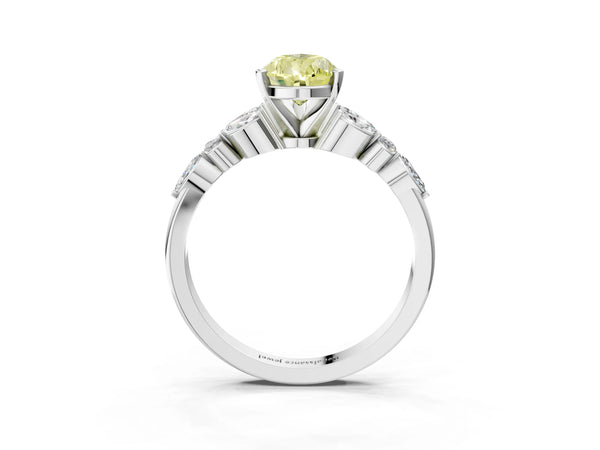 White gold Fancy Yellow Pear Cut Diamond Solitaire Ring with Side Stones and Four-Prong Setting