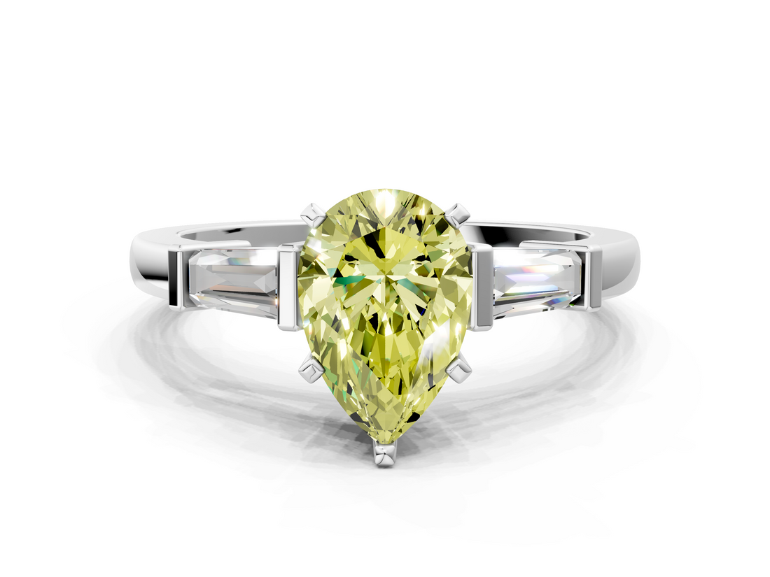 White gold Fancy Yellow Pear  Cut Diamond Solitaire Ring with Tapered Baguette Accents and Four-Prong Setting_62