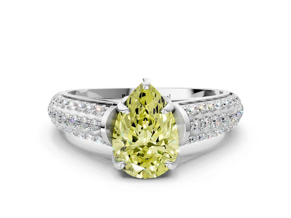 White gold Fancy Yellow Pear Cut Diamond Solitaire Ring with Three-Row Pavé Band and Four-Prong Setting_50