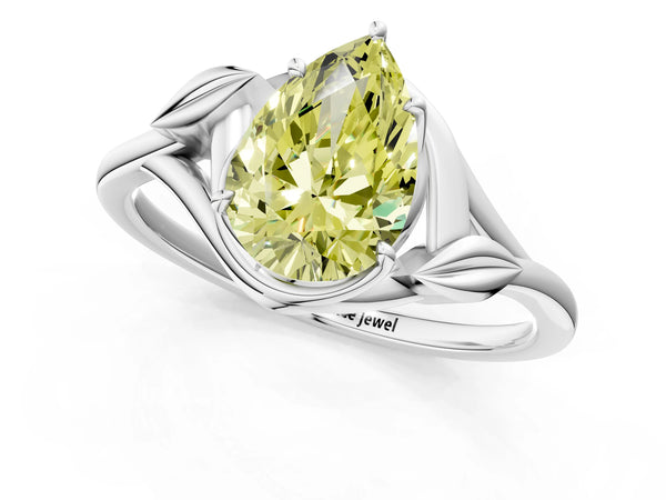 White gold Fancy Yellow Pear Cut Diamond Solitaire Ring with Twist Band and Four-Prong Setting