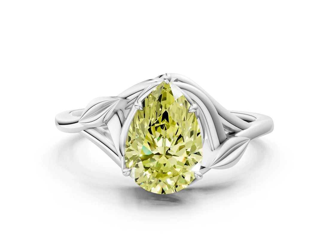 White gold Fancy Yellow Pear Cut Diamond Solitaire Ring with Twist Band and Four-Prong Setting_141
