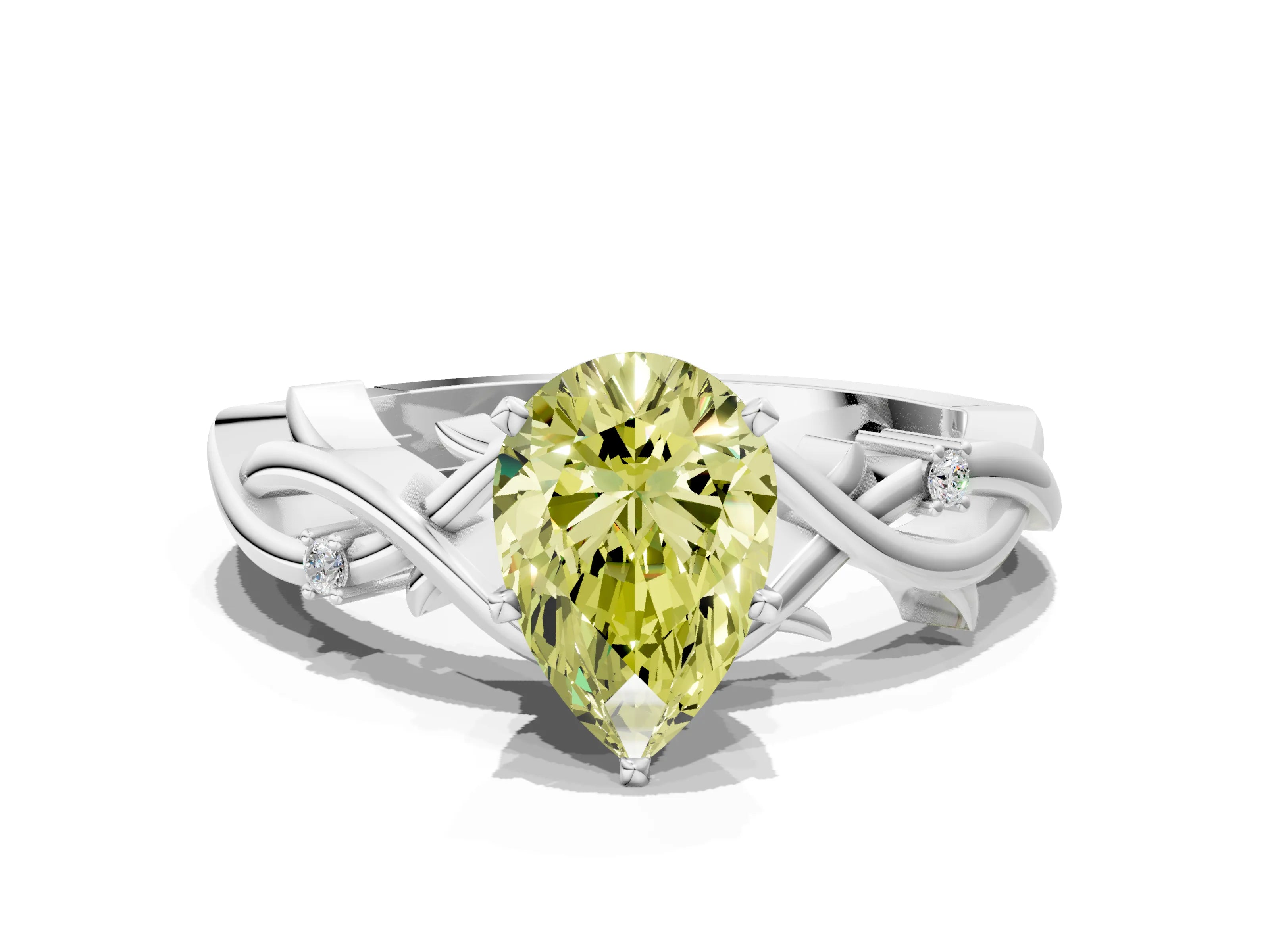 White gold Fancy Yellow Pear Cut Diamond Solitaire Ring with Twisted Band and Prong Setting_224