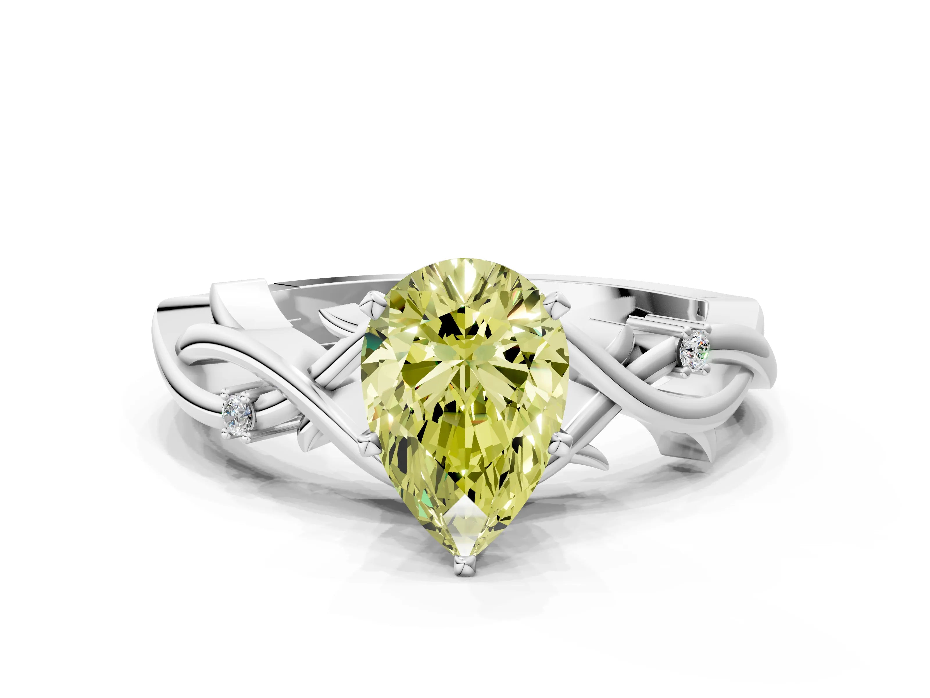 White gold Fancy Yellow Pear Cut Diamond Solitaire Ring with Twisted Band and Prong Setting_230