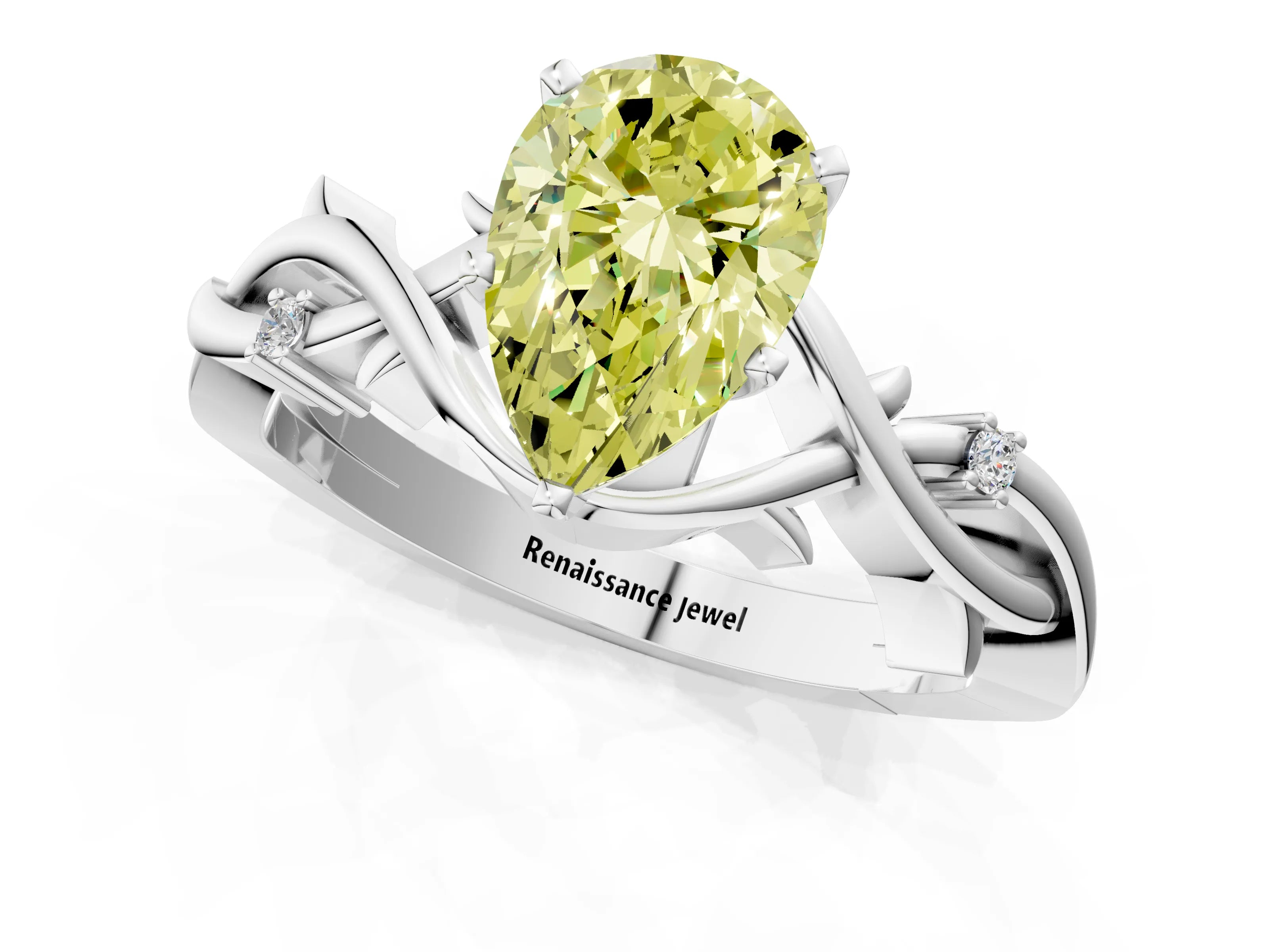 White gold Fancy Yellow Pear Cut Diamond Solitaire Ring with Twisted Band and Prong Setting_231