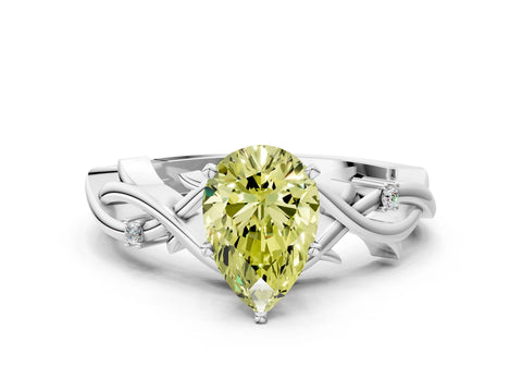 White gold Fancy Yellow Pear Cut Diamond Solitaire Ring with Twisted Band and Prong Setting_236
