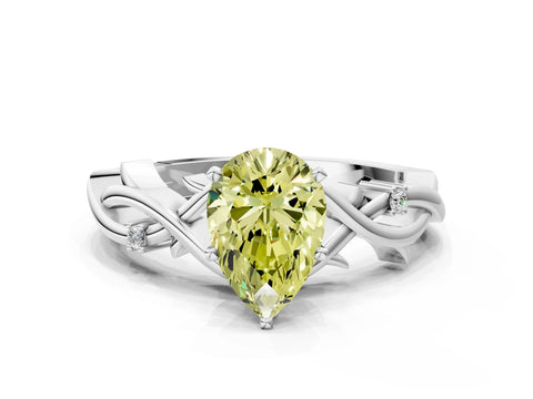 White gold Fancy Yellow Pear Cut Diamond Solitaire Ring with Twisted Band and Prong Setting_240