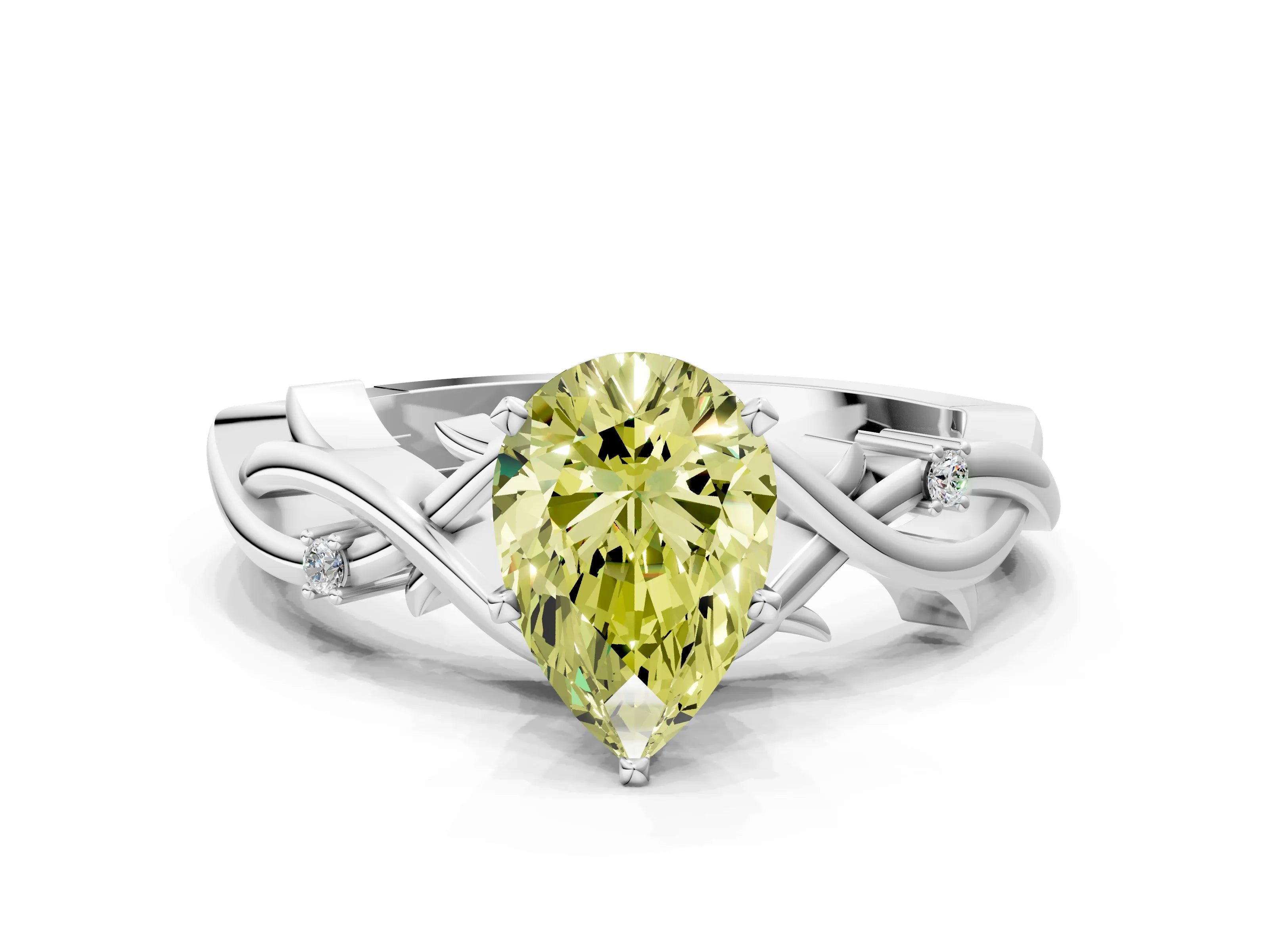White gold Fancy Yellow Pear Cut Diamond Solitaire Ring with Twisted Band and Prong Setting_242