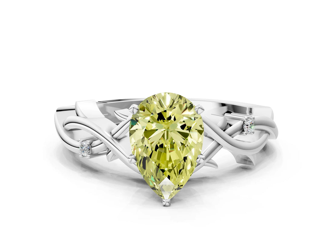 White gold Fancy Yellow Pear Cut Diamond Solitaire Ring with Twisted Band and Prong Setting_246