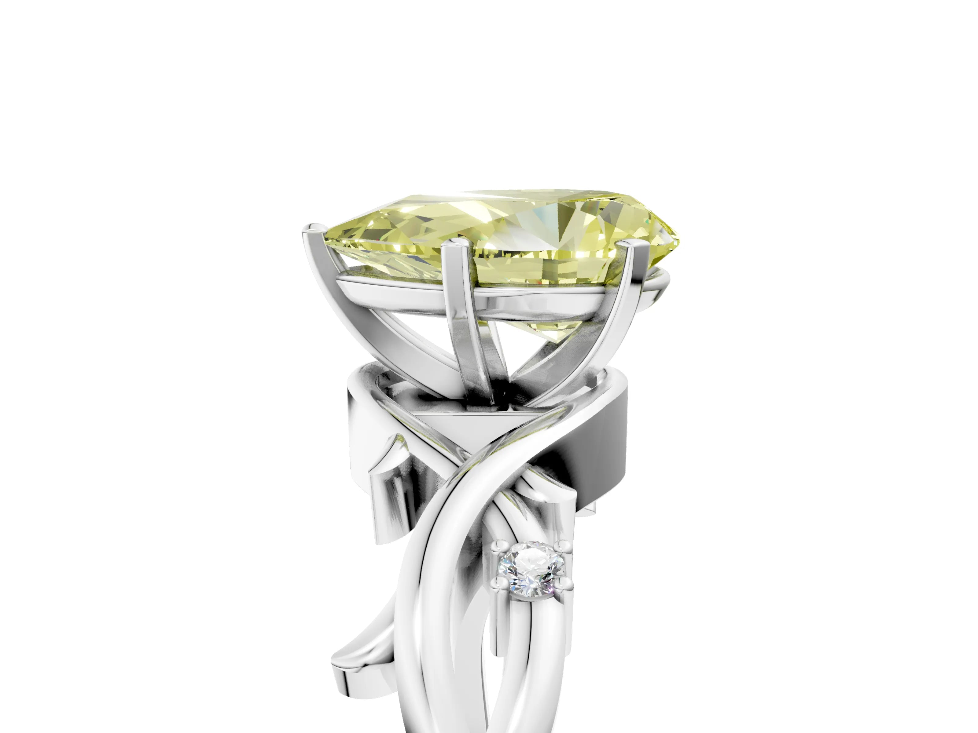 White gold Fancy Yellow Pear Cut Diamond Solitaire Ring with Twisted Band and Prong Setting_247