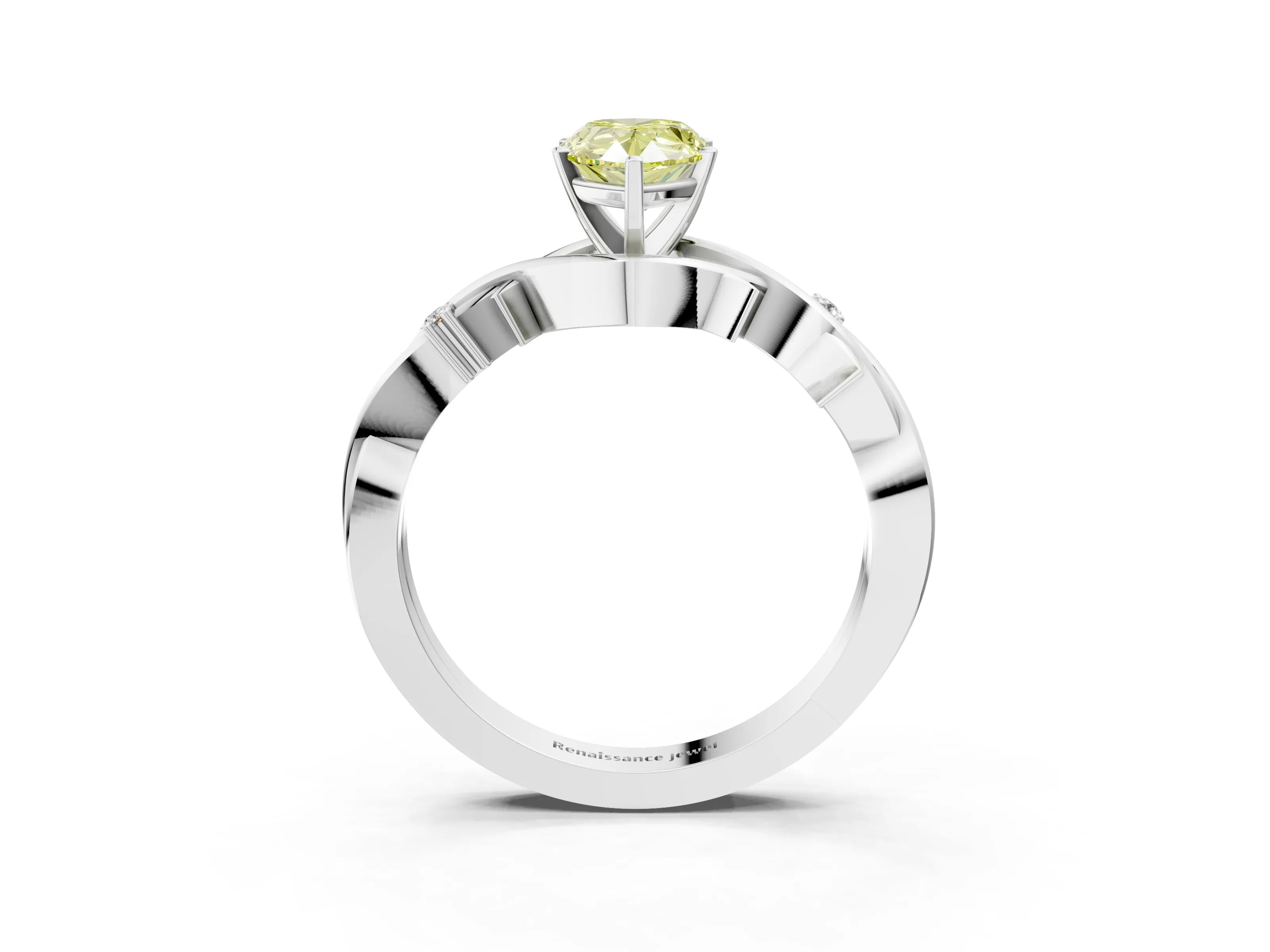 White gold Fancy Yellow Pear Cut Diamond Solitaire Ring with Twisted Band and Prong Setting_251