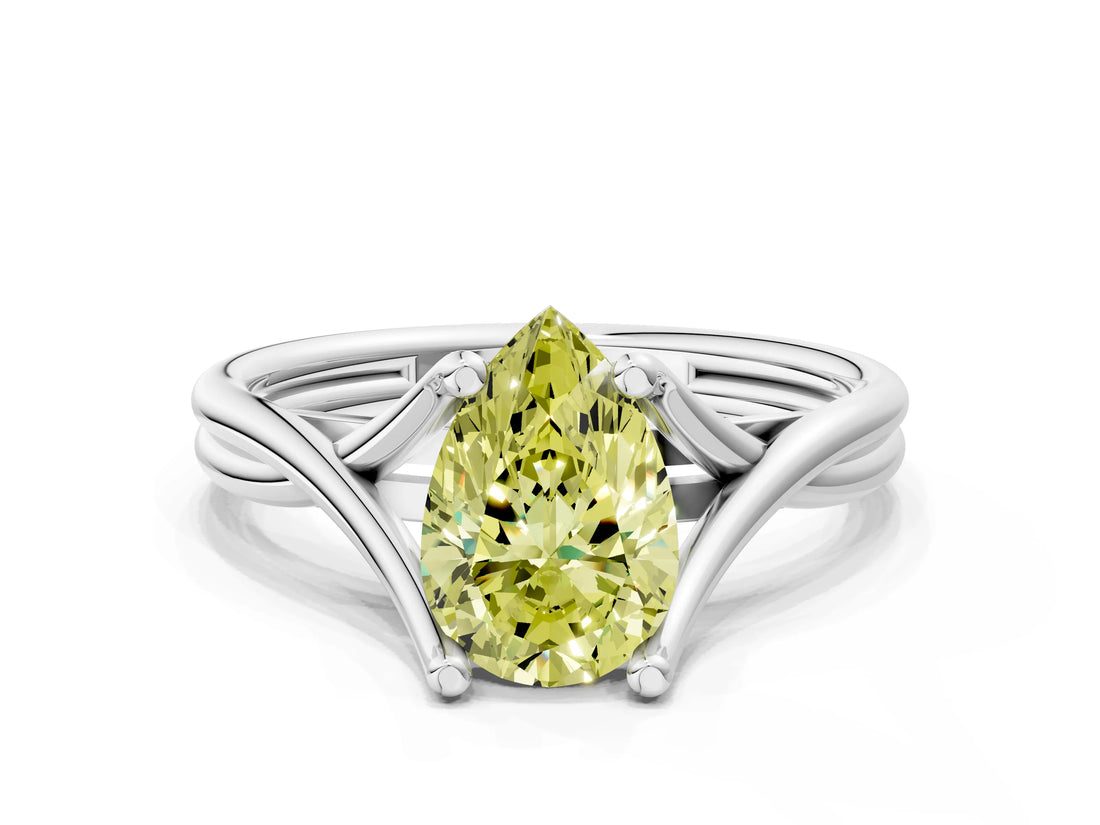 White gold Fancy Yellow Pear Cut Diamond Solitaire Twist Band Prong Setting Ring_67