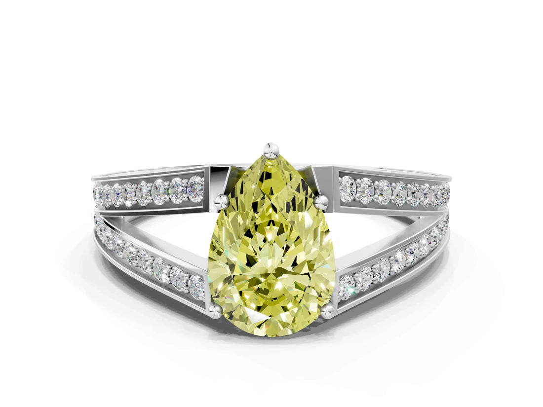 White gold Fancy Yellow Pear Cut Diamond Split Shank Ring with Pavé Band and Four-Prong Setting_44