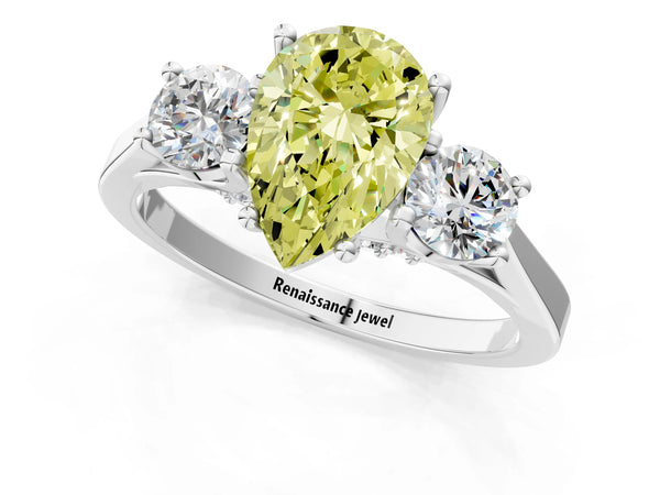 White gold Fancy Yellow Pear Cut Diamond Three-Stone Engagement Ring with Prong Setting and Pavé Band