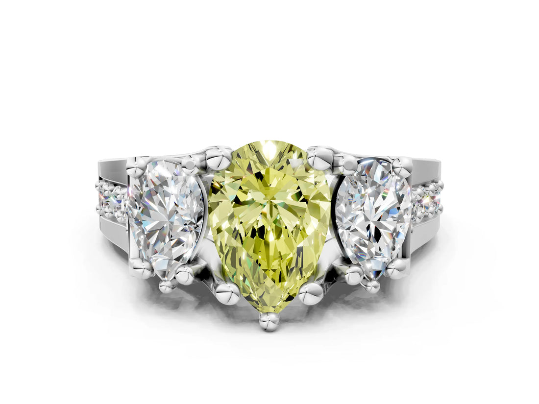 White gold Fancy Yellow Pear Cut Diamond Three-Stone Ring with Channel Set Band and Four-Prong Setting_61