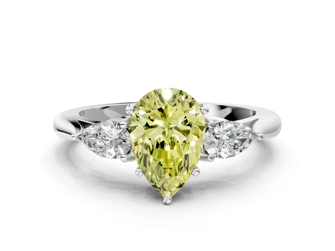 White gold Fancy Yellow Pear Cut Diamond Three-Stone Ring with Pear  Side Stones and Prong Setting_149