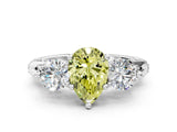 White gold Fancy Yellow Pear Cut Diamond Three-Stone Ring with Prong Setting and Pavé Band