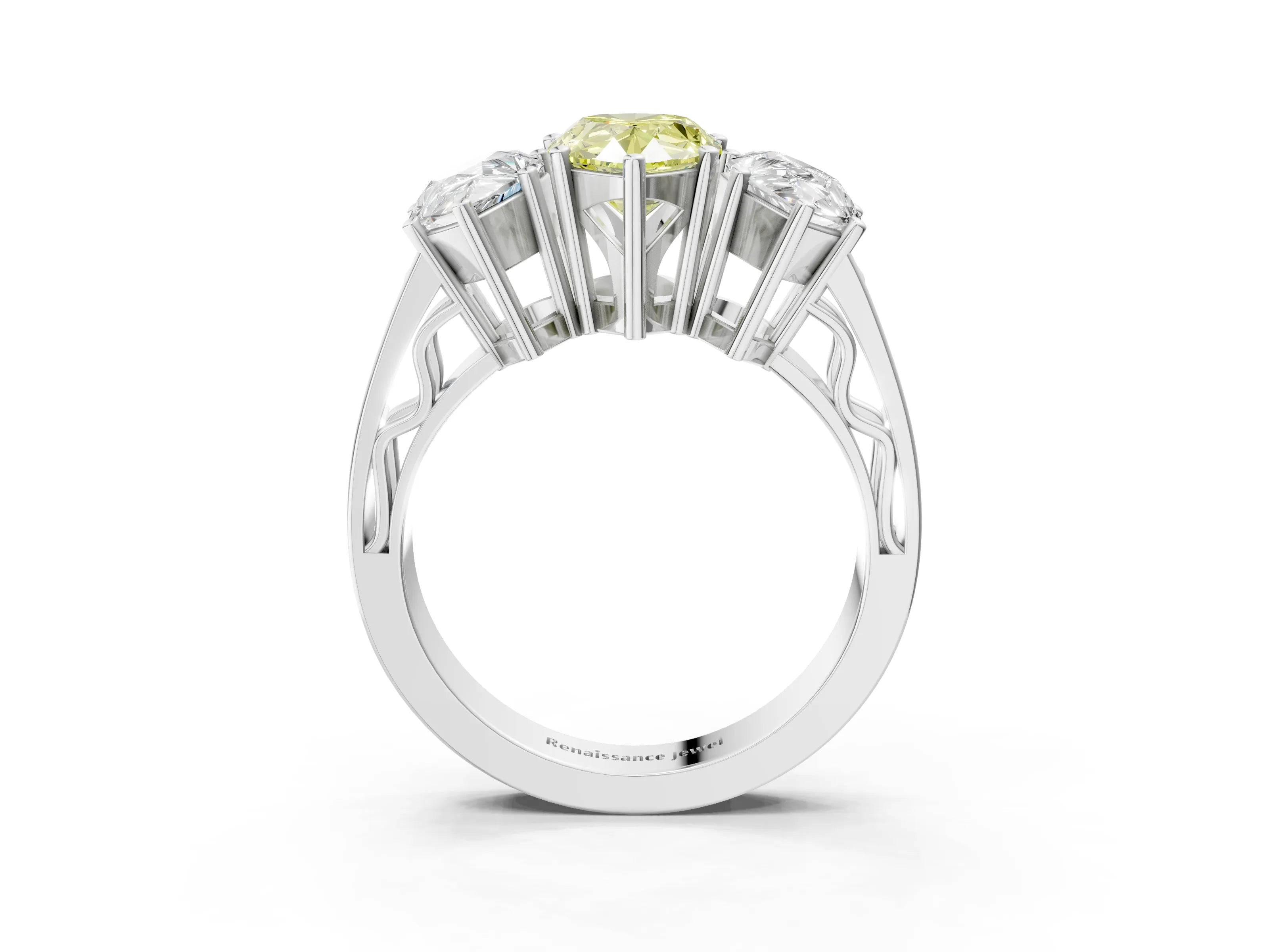 White gold Fancy Yellow Pear Cut Diamond Three-Stone Ring with Prong Setting and Textured Band_15
