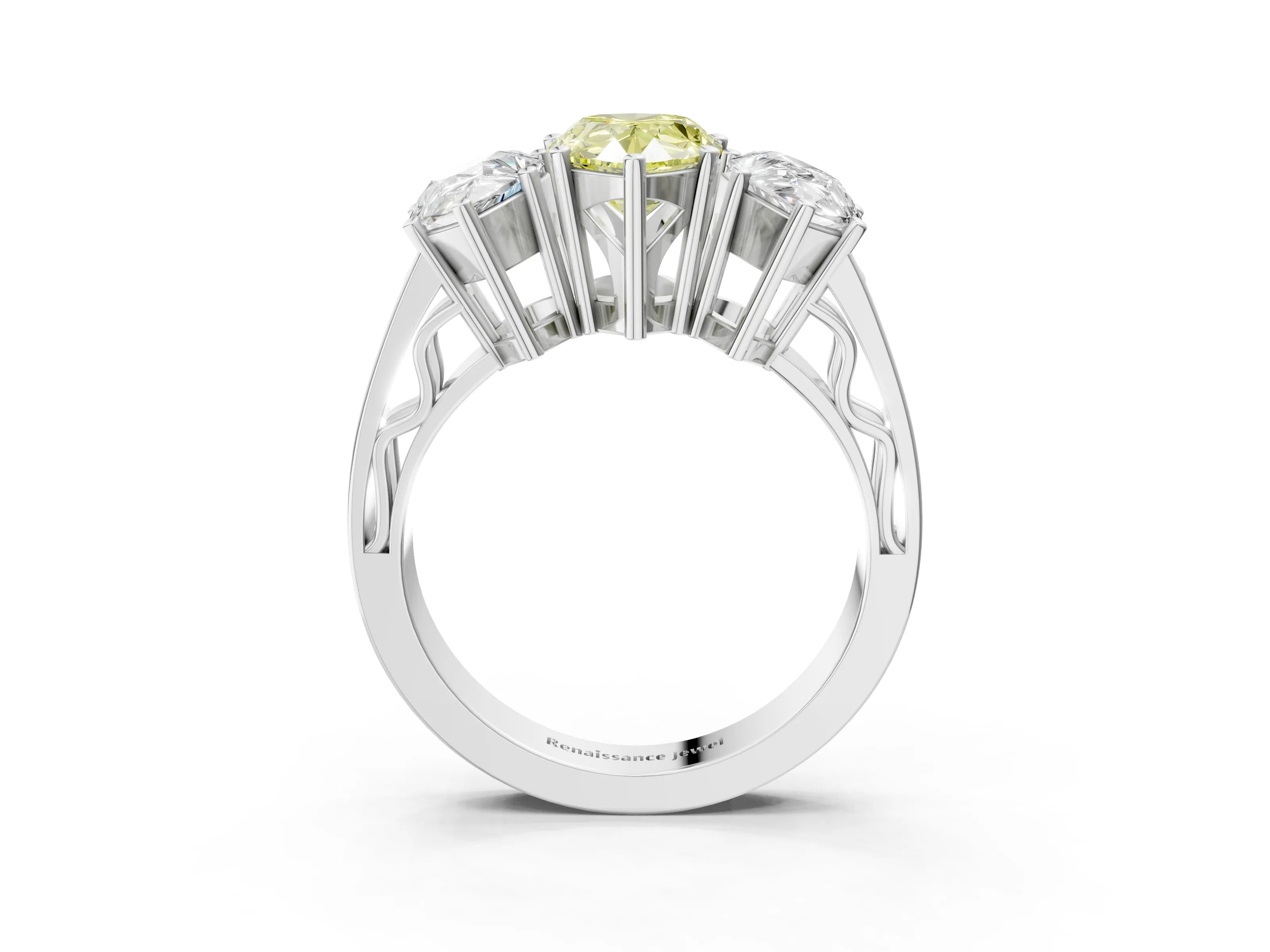 White gold Fancy Yellow Pear Cut Diamond Three-Stone Ring with Prong Setting and Textured Band_3