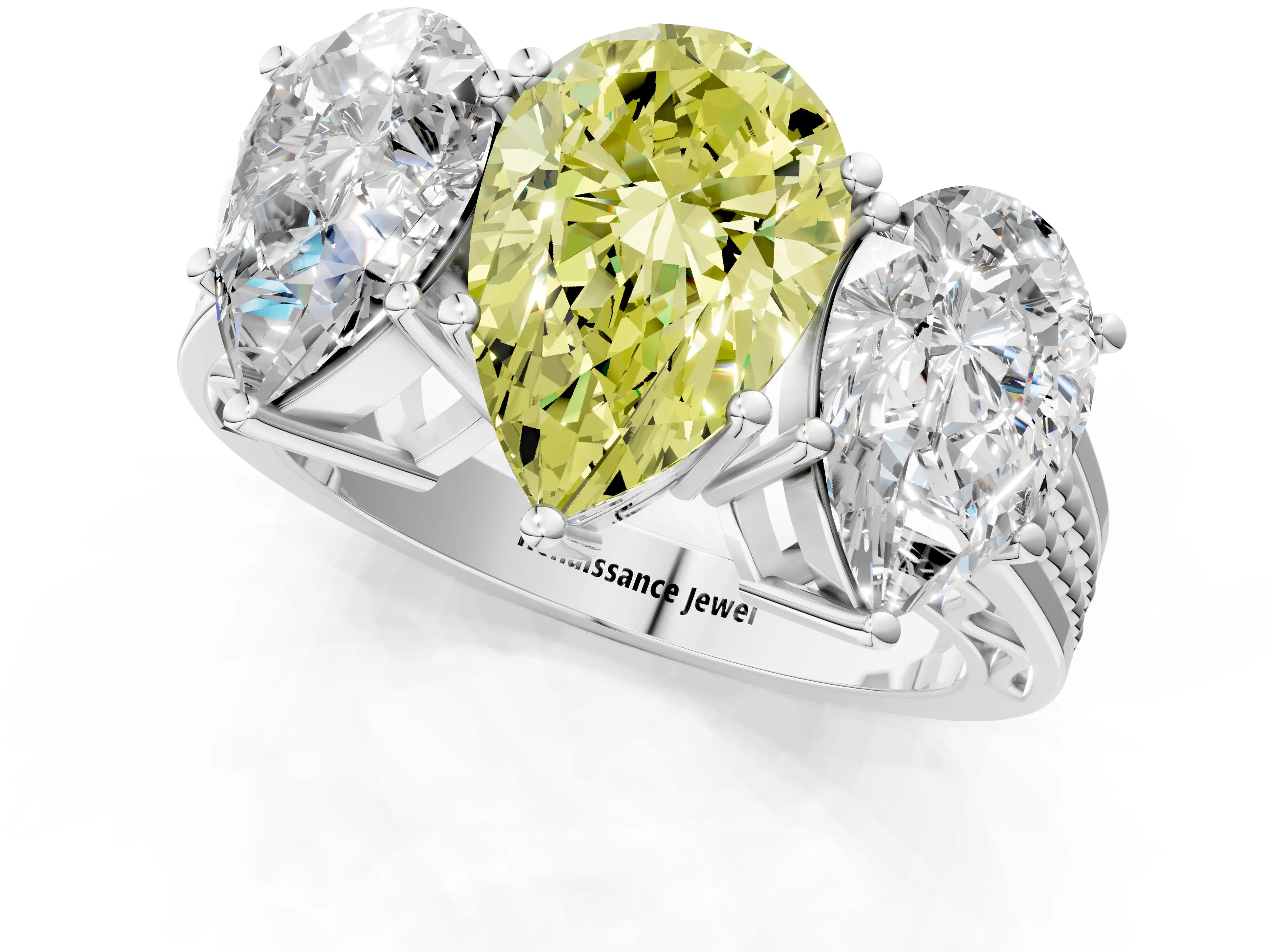 White gold Fancy Yellow Pear Cut Diamond Three-Stone Ring with Prong Setting and Textured Band_37